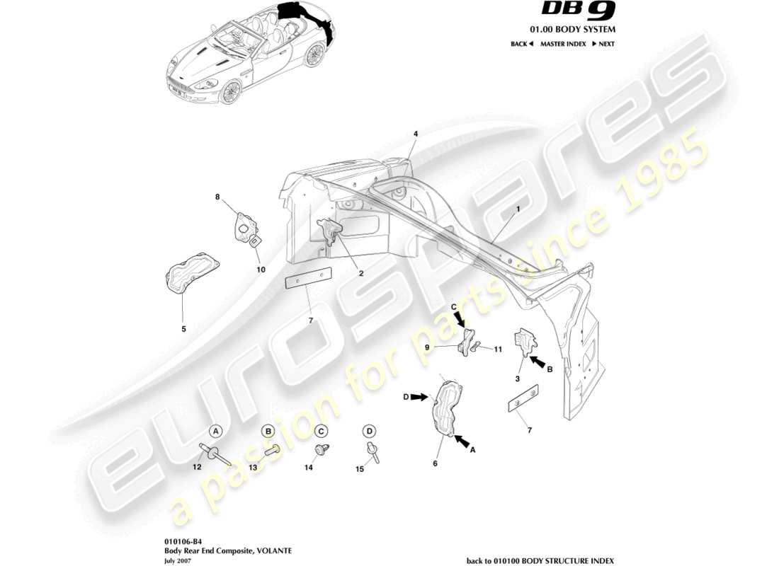 aston martin db9 (2005) karosserie-heckteil-verbundwerkstoff, volante-teilediagramm
