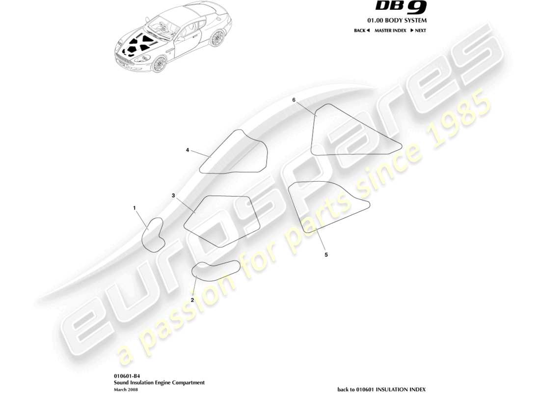 aston martin db9 (2005) schalldämmung, motorteildiagramm