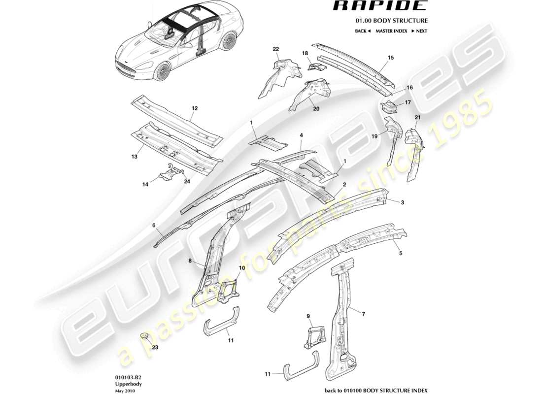 aston martin rapide (2012) teilediagramm des oberkörperrahmens