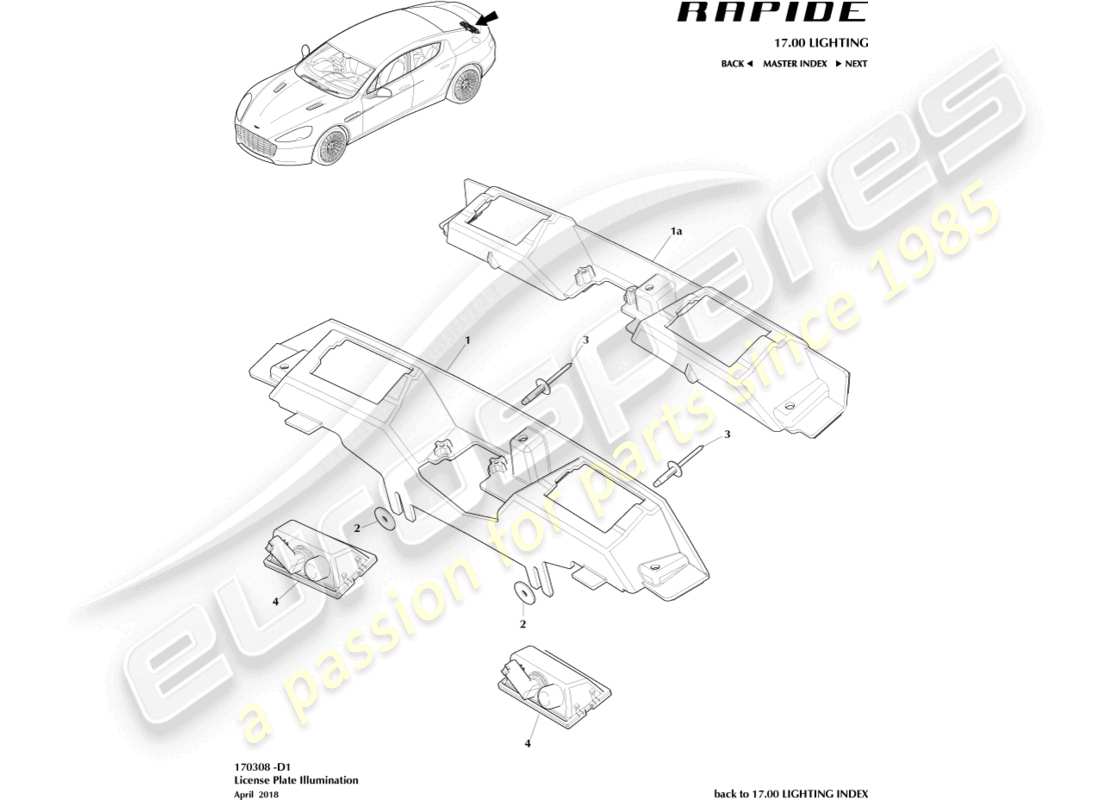 aston martin rapide (2017) teilediagramm für kennzeichenleuchten