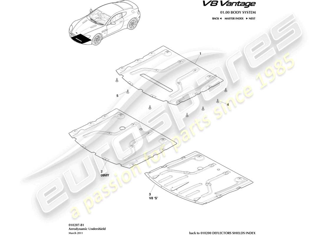 aston martin v8 vantage (2009) teilediagramm für die vordere unterbodenverkleidung