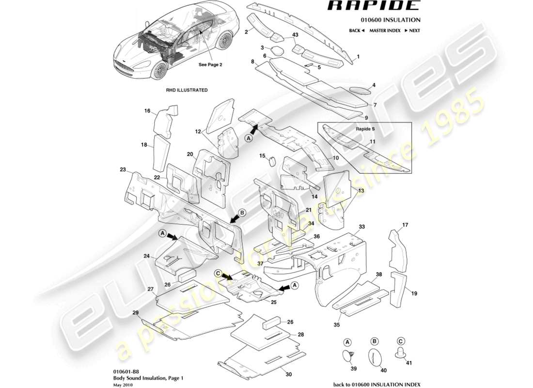 aston martin rapide (2011) geräuschdämmung, vorderteil-diagramm