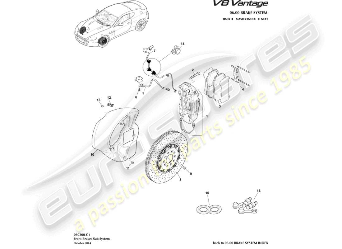 aston martin v8 vantage (2008) teilediagramm des vorderradbremssystems