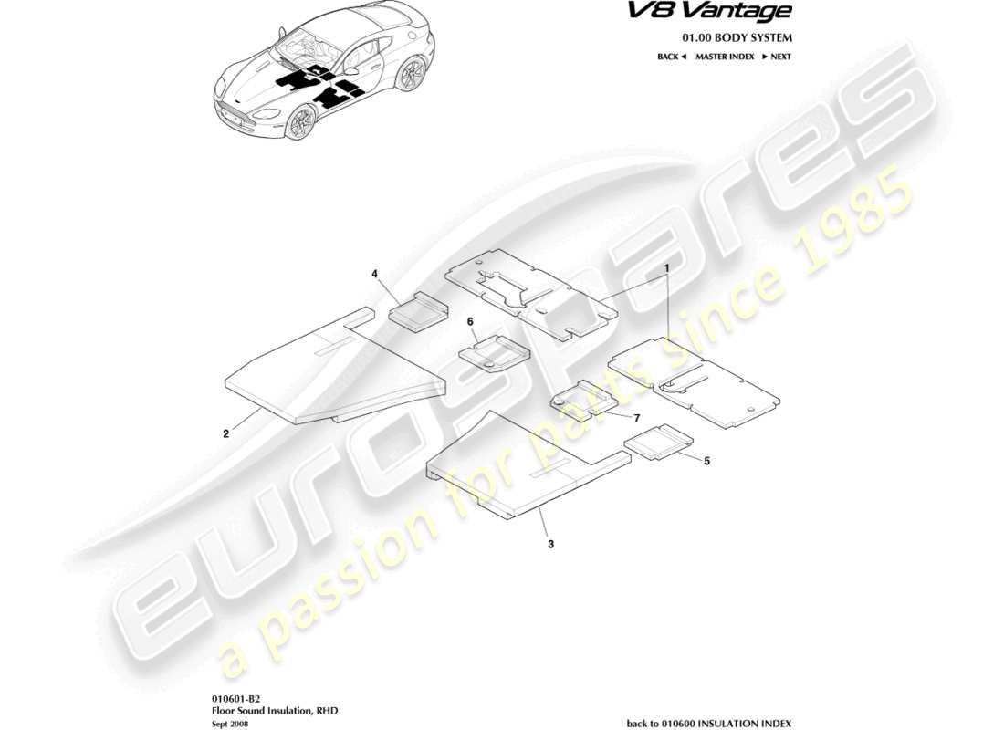 aston martin v8 vantage (2008) bodenschalldämmung, rhd-teilediagramm