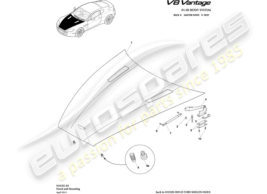 aston martin v8 vantage (2018) motorhauben- und befestigungsteildiagramm