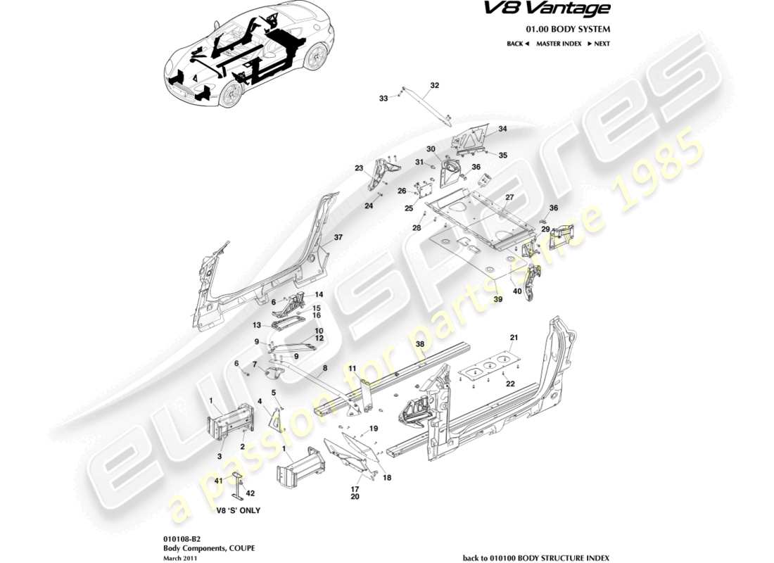 aston martin v8 vantage (2015) karosseriekomponenten, coupé-teilediagramm