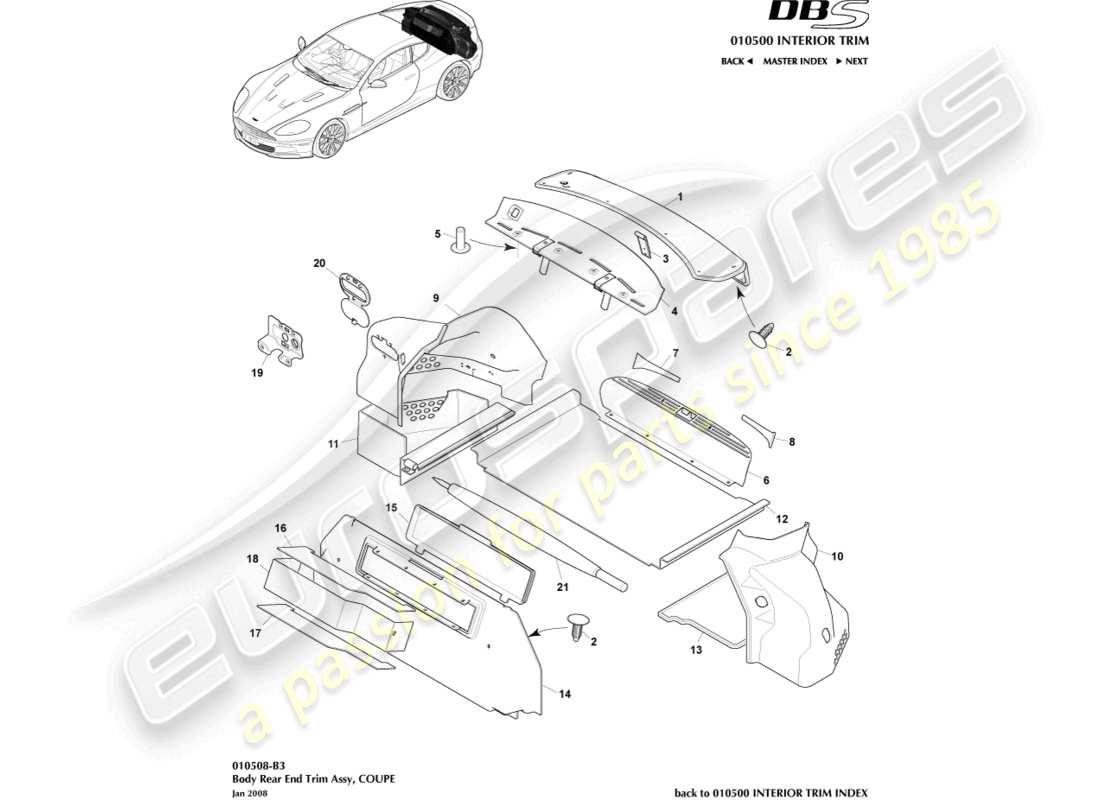 aston martin dbs (2011) heckverkleidung, coupé-ersatzteildiagramm