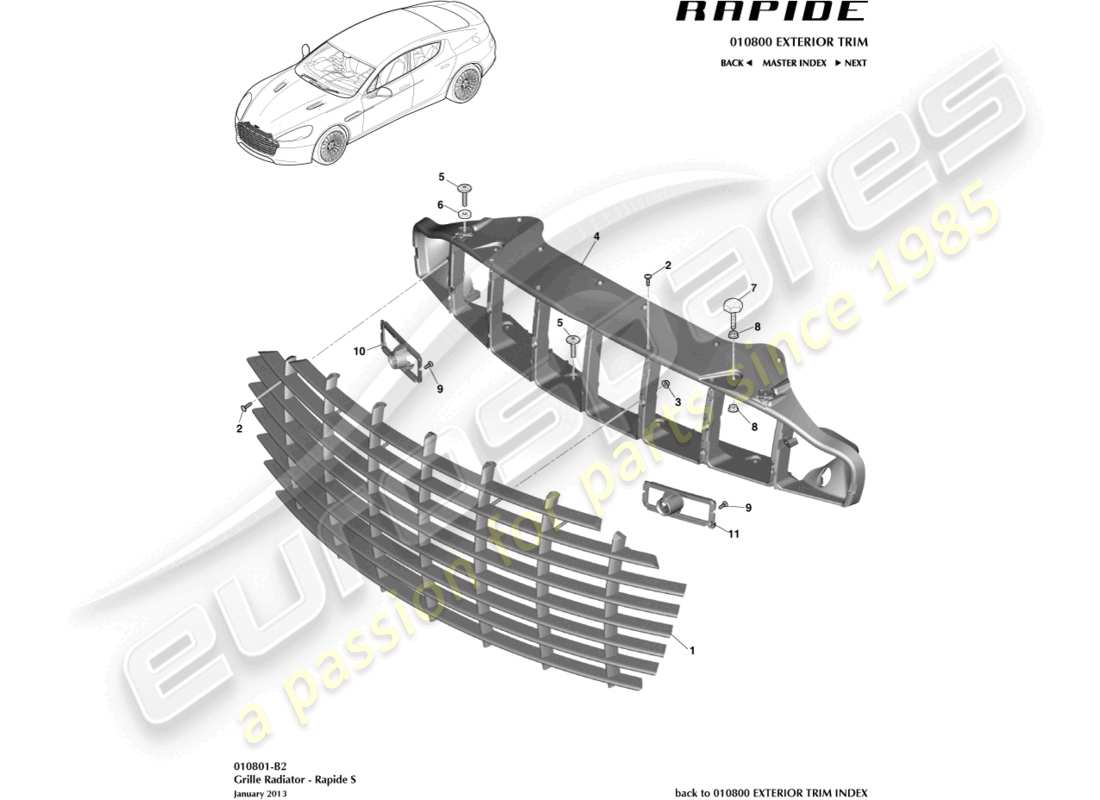 aston martin rapide (2011) kühlergrill, s-teilediagramm