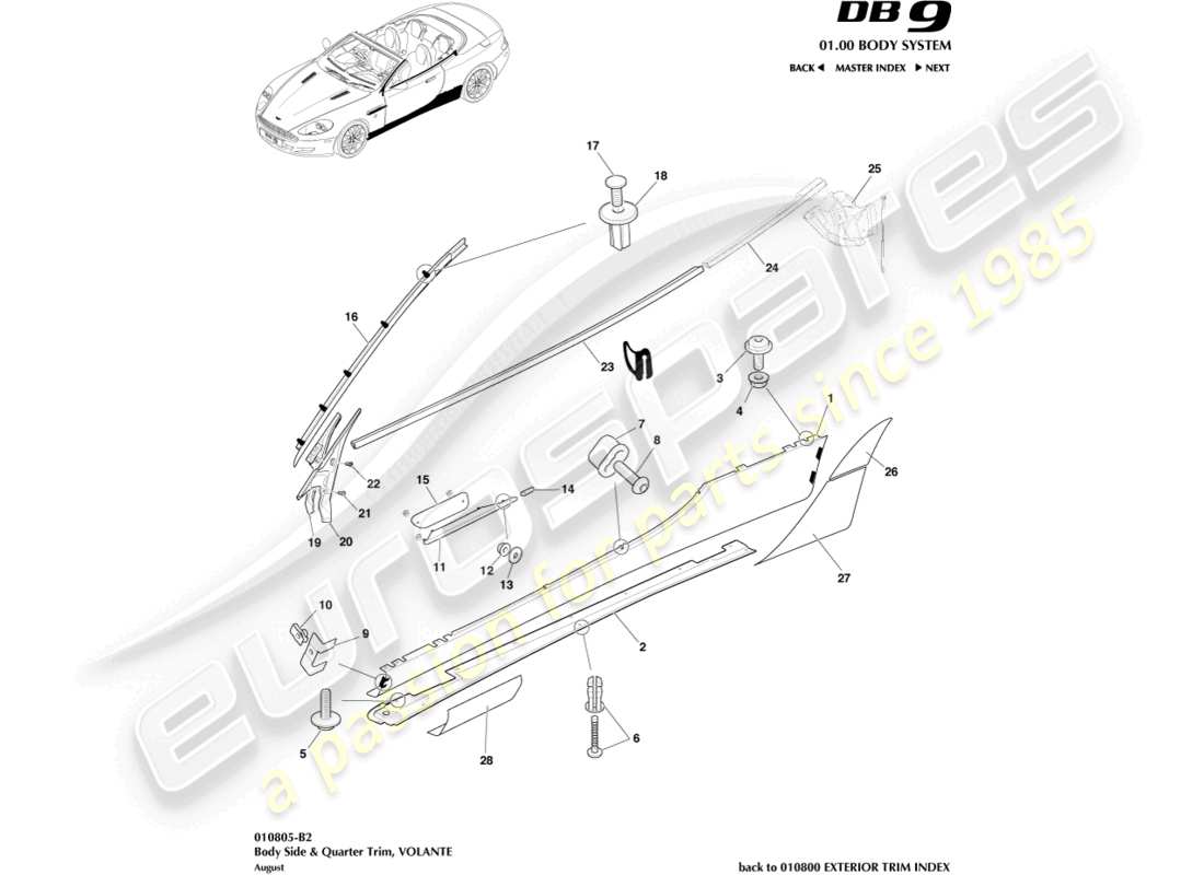 aston martin db9 (2012) seiten- und seitenverkleidung, volante-teilediagramm