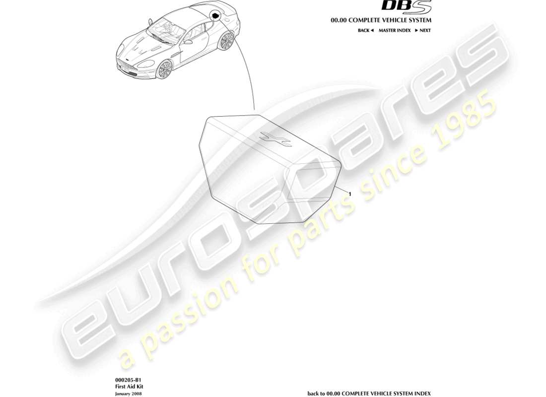 aston martin dbs (2009) teilediagramm des erste-hilfe-kastens