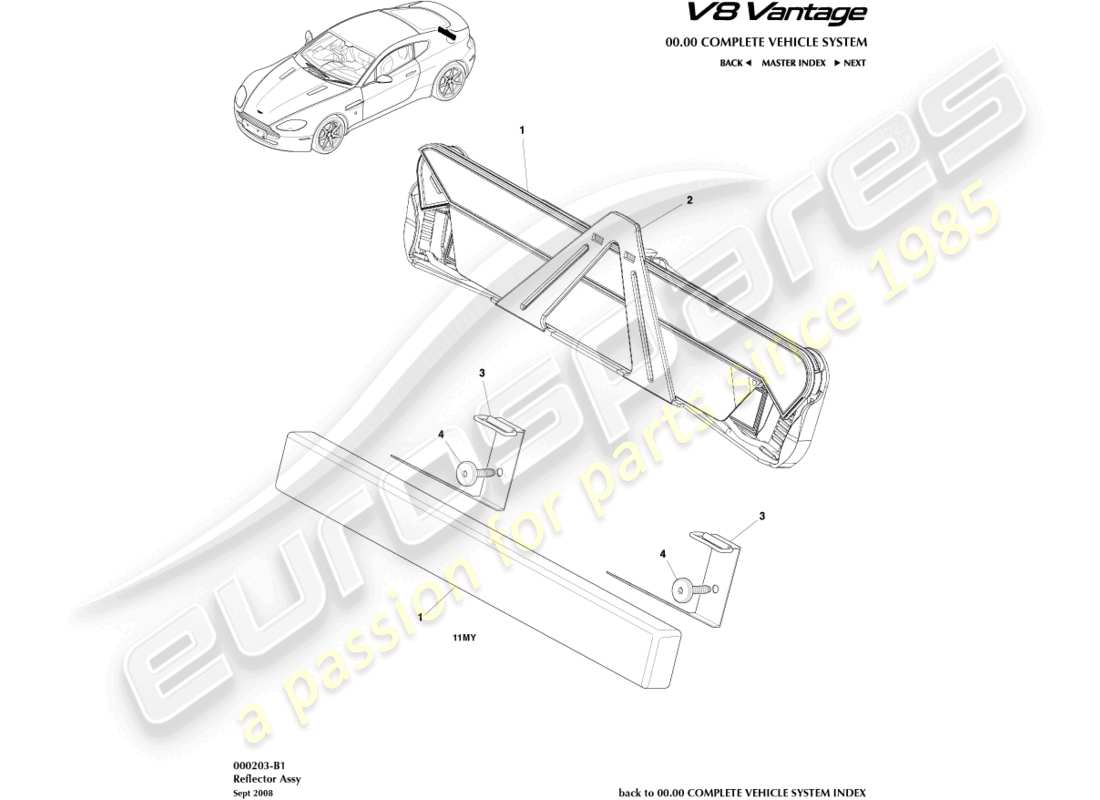 aston martin v8 vantage (2008) teilediagramm für warnblinkreflektor