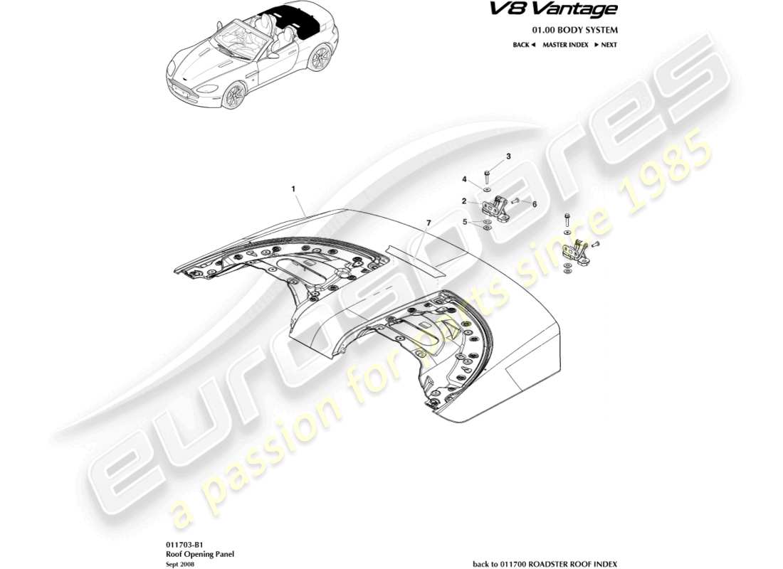 aston martin v8 vantage (2014) teilediagramm für dachöffnungsplatten