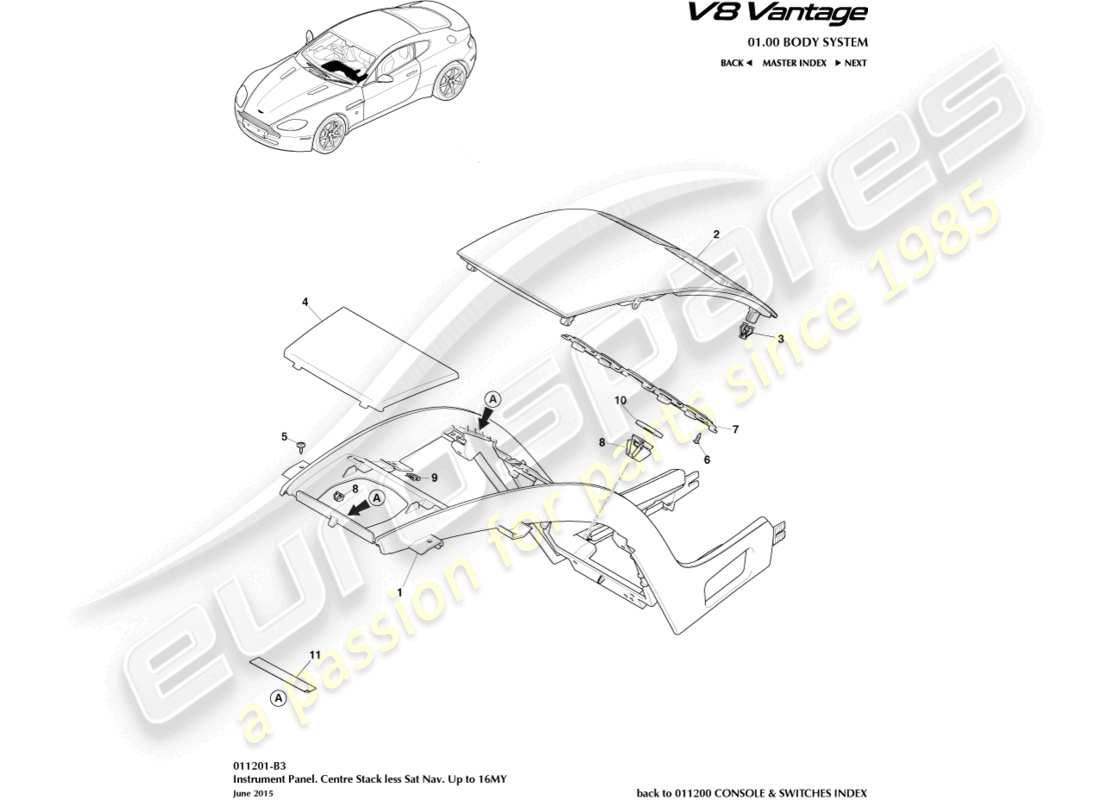 aston martin v8 vantage (2017) mittelkonsole, ohne navigationssystem zu 16my ersatzteildiagramm