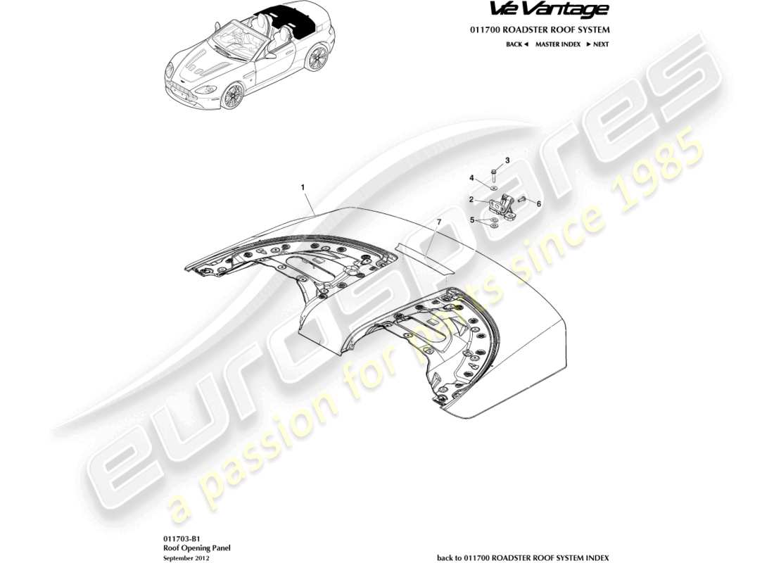 aston martin v12 vantage (2011) teilediagramm für dachöffnungsplatten