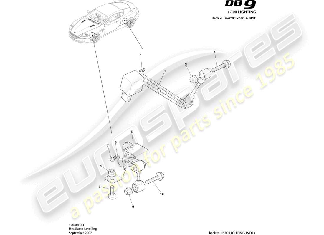 aston martin db9 (2005) teilediagramm zur scheinwerferhöhenverstellung