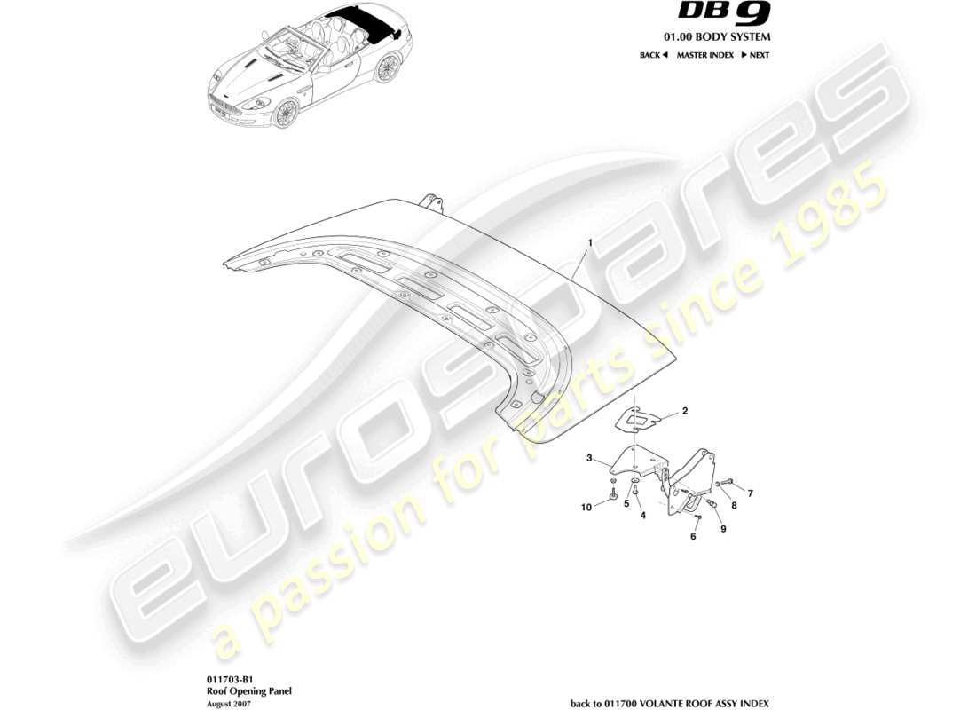 aston martin db9 (2006) teilediagramm für dachöffnungsplatten