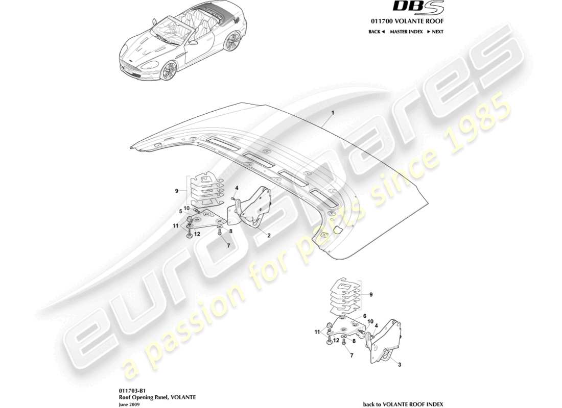aston martin dbs (2013) teilediagramm für dachöffnungsplatten