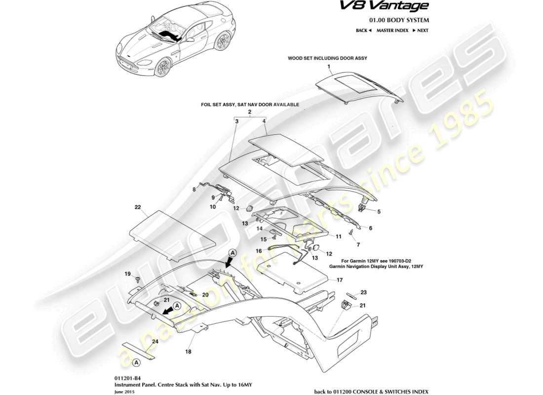aston martin v8 vantage (2015) mittelkonsole, mit navigationssystem, zu 16my ersatzteildiagramm