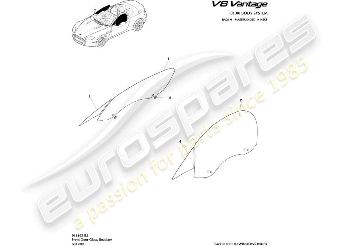 aston martin v8 vantage (2015) türglas, roadster-ersatzteildiagramm