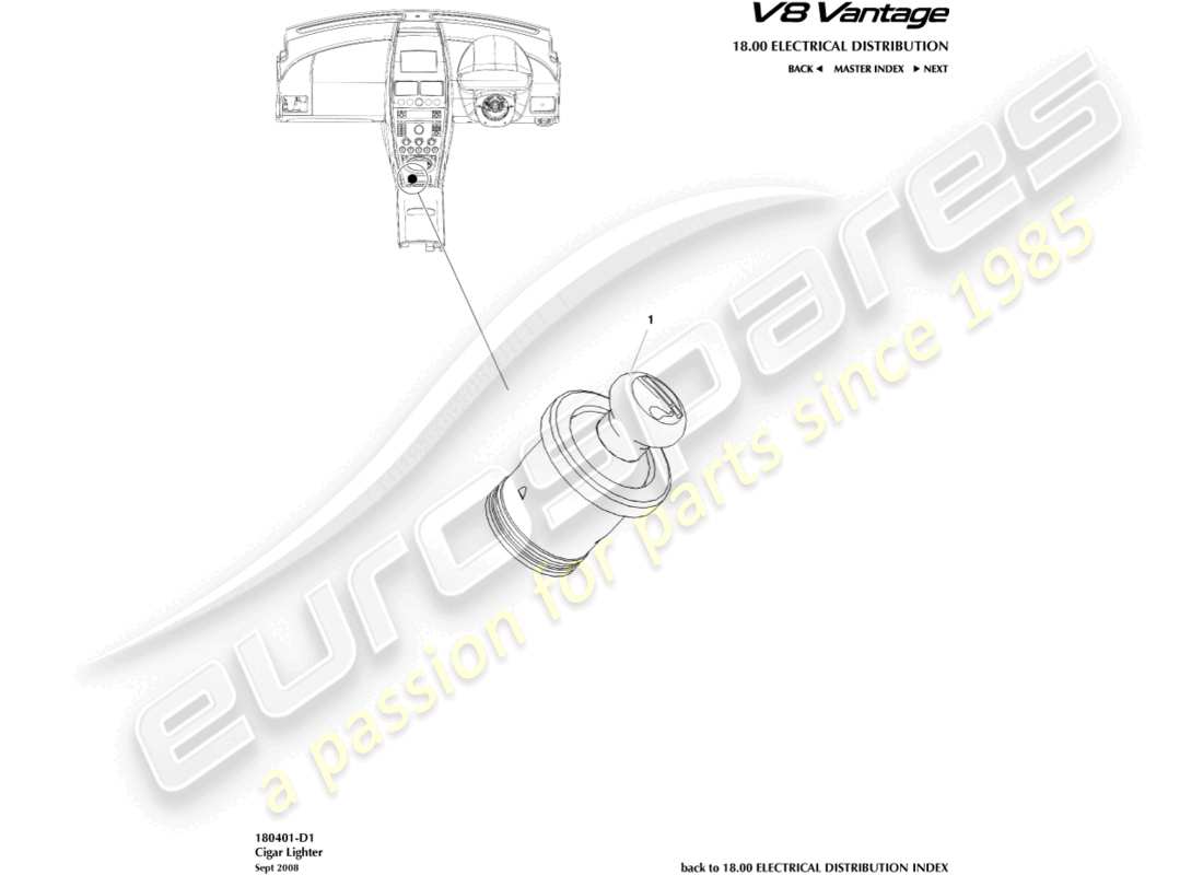 aston martin v8 vantage (2009) teilediagramm für zigarettenanzünder