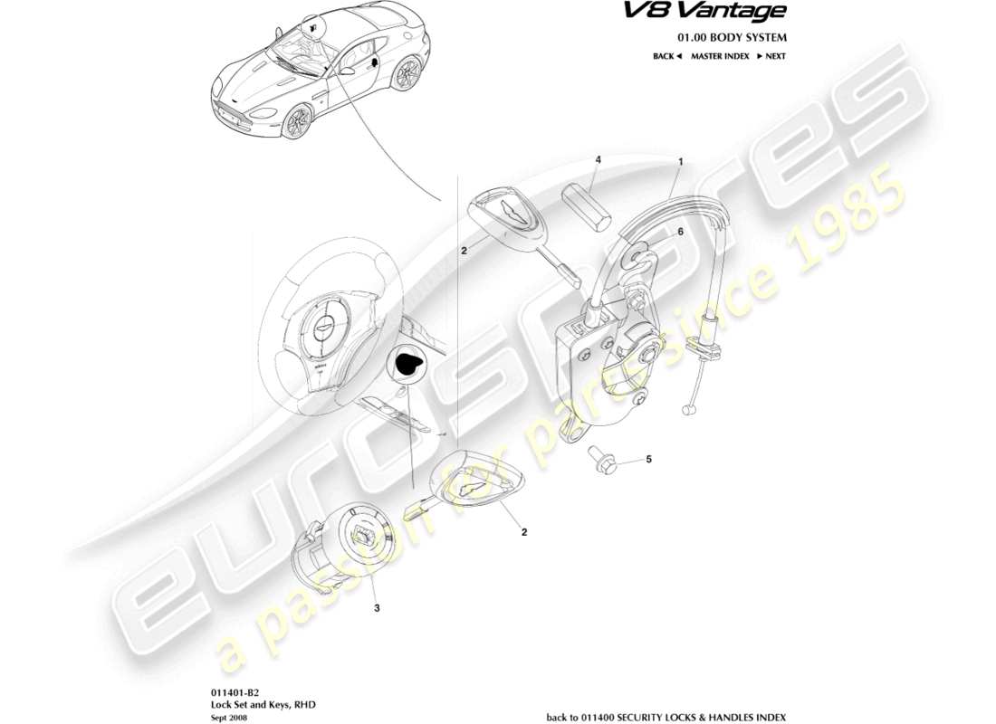 aston martin v8 vantage (2013) schlosssatz und schlüssel, rhd-ersatzteildiagramm