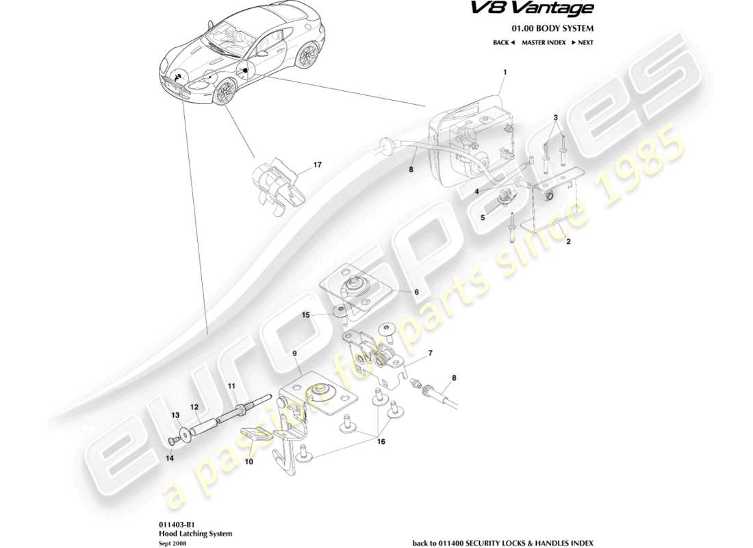 aston martin v8 vantage (2012) teilediagramm des motorhaubenverriegelungssystems