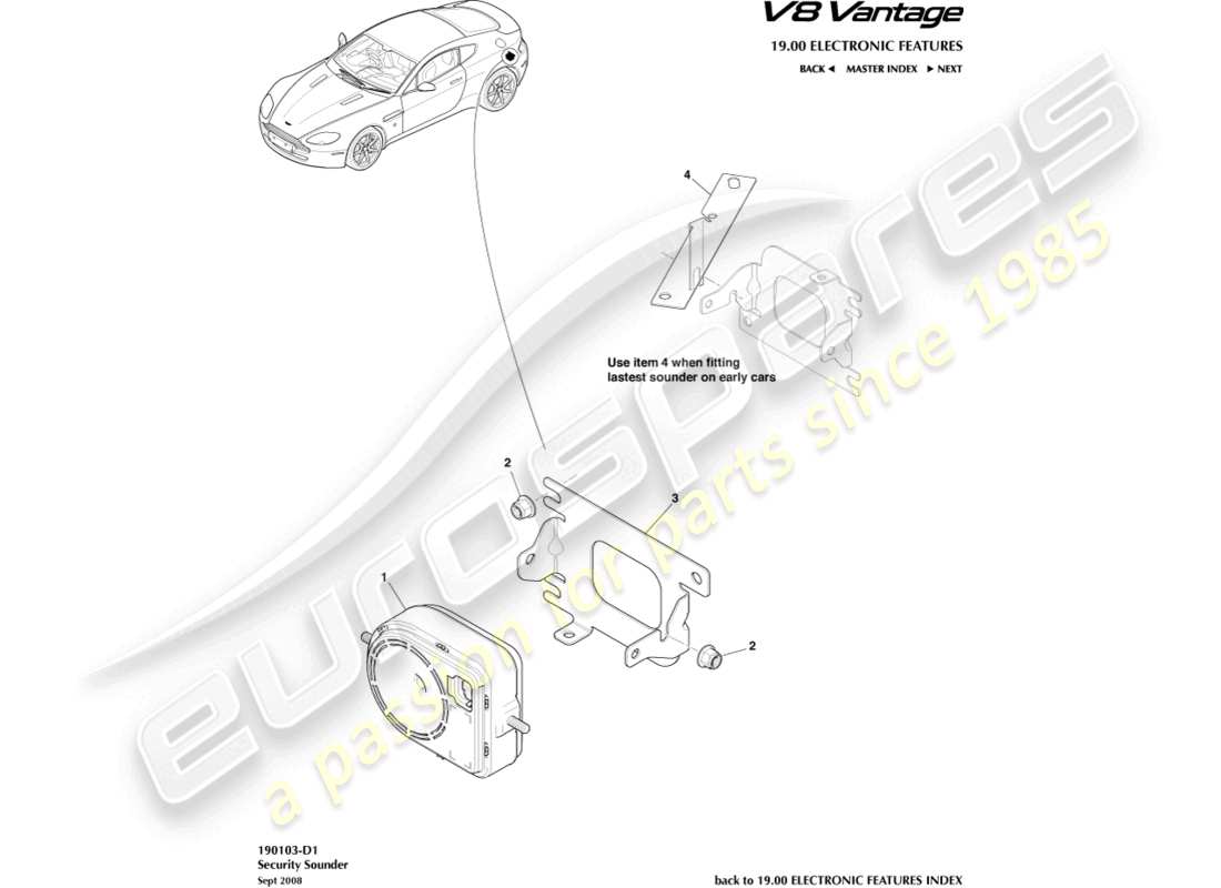 aston martin v8 vantage (2008) teilediagramm für sicherheitssirene