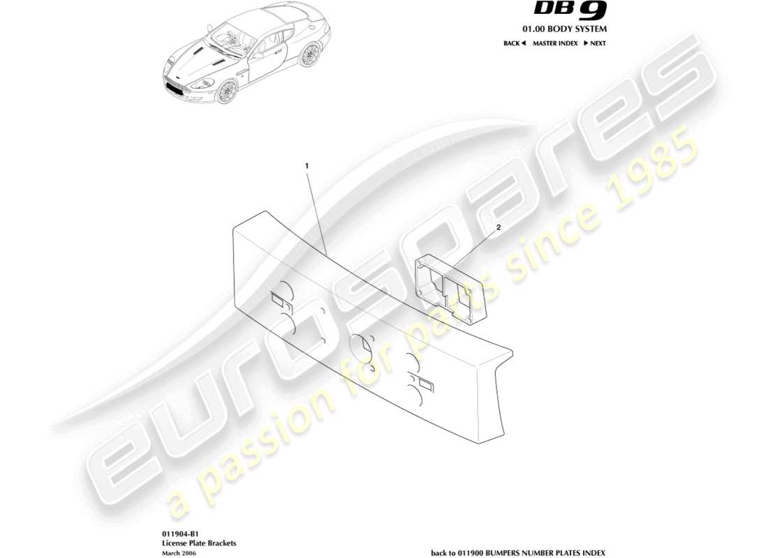 aston martin db9 (2009) teilediagramm für nummernschildhalterungen