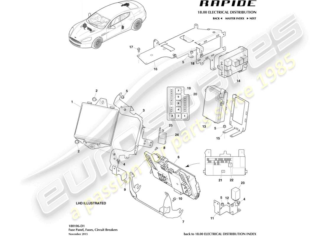 aston martin rapide (2011) teilediagramm für sicherungskästen