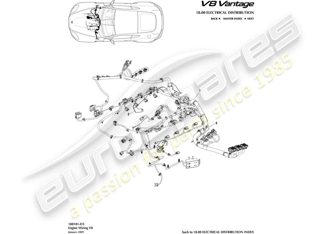 aston martin v8 vantage (2015) teilediagramm für motorkabelbaum