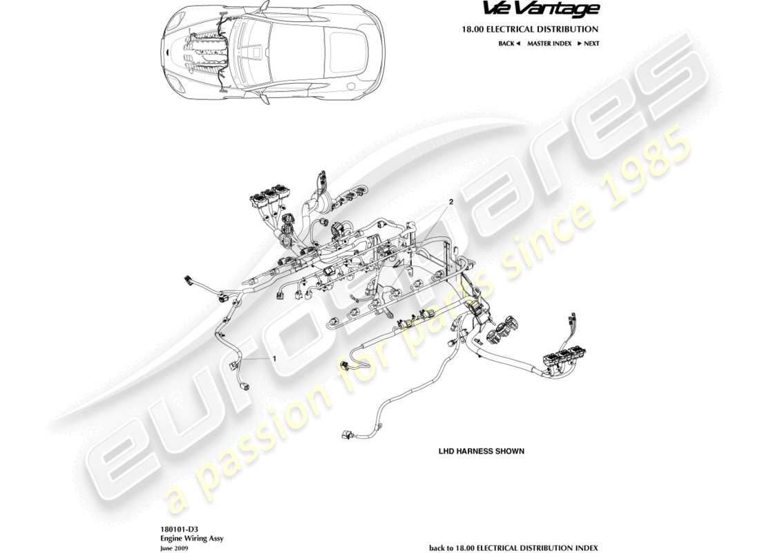 aston martin v12 vantage (2013) teilediagramm für motorkabelbaum