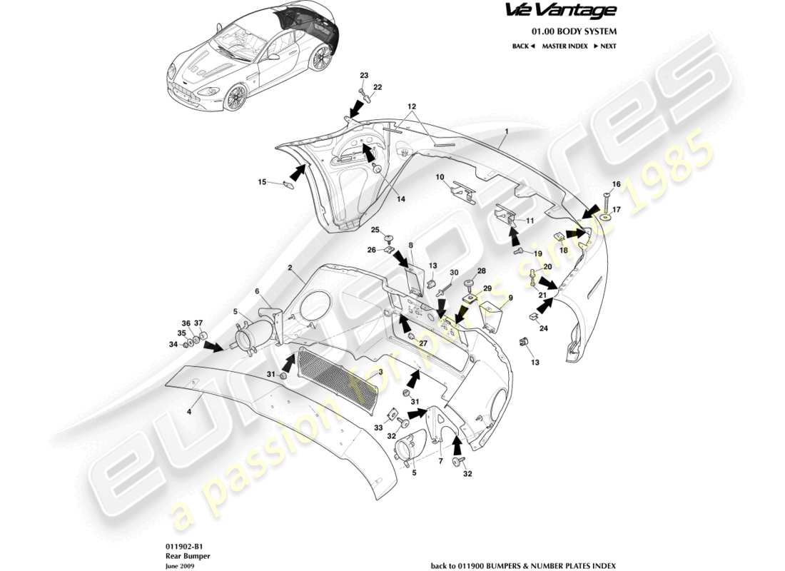 aston martin v12 vantage (2013) hintere stoßstange teilediagramm