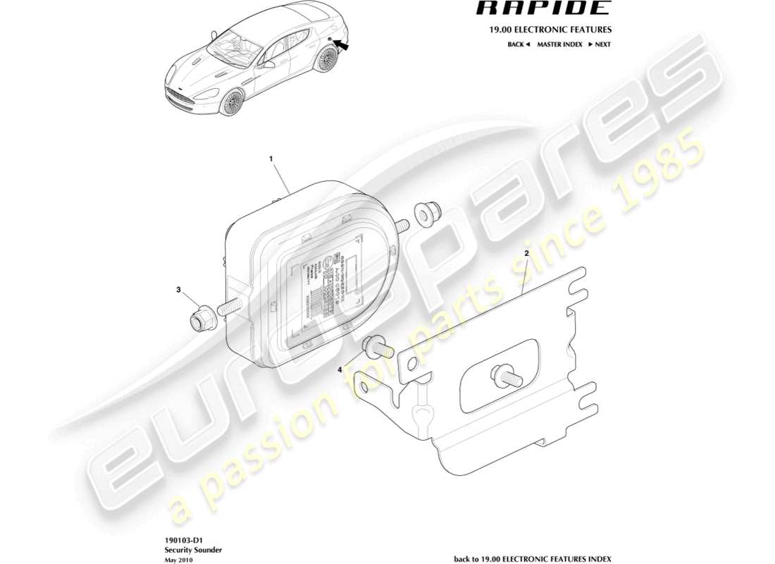 aston martin rapide (2012) teilediagramm für alarmhupen und sirenen