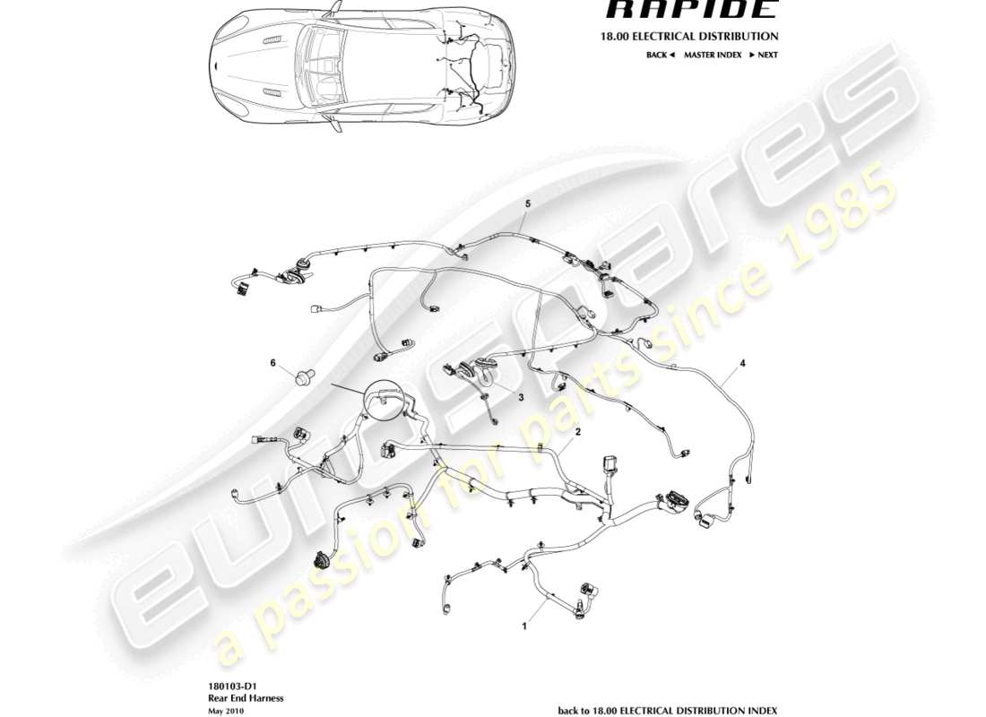 aston martin rapide (2011) teilediagramm für den hinteren kabelbaum