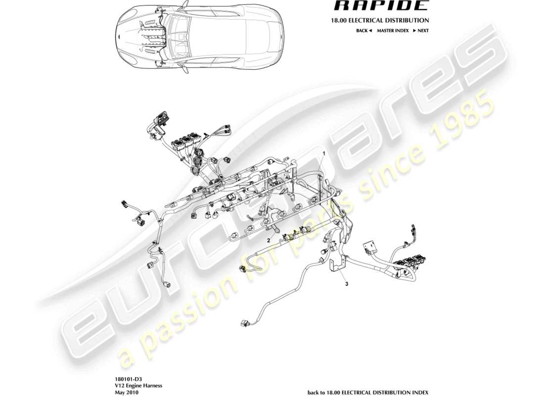 aston martin rapide (2011) teilediagramm für motorkabelbaum