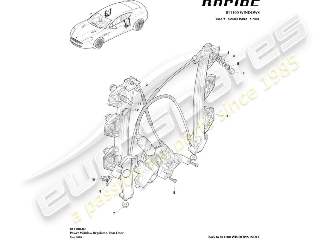 aston martin rapide (2011) teilediagramm für heckscheibenheber