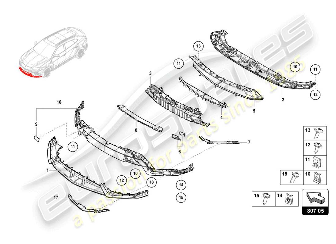 lamborghini urus (2020) stoßstange, komplett carbon teilediagramm