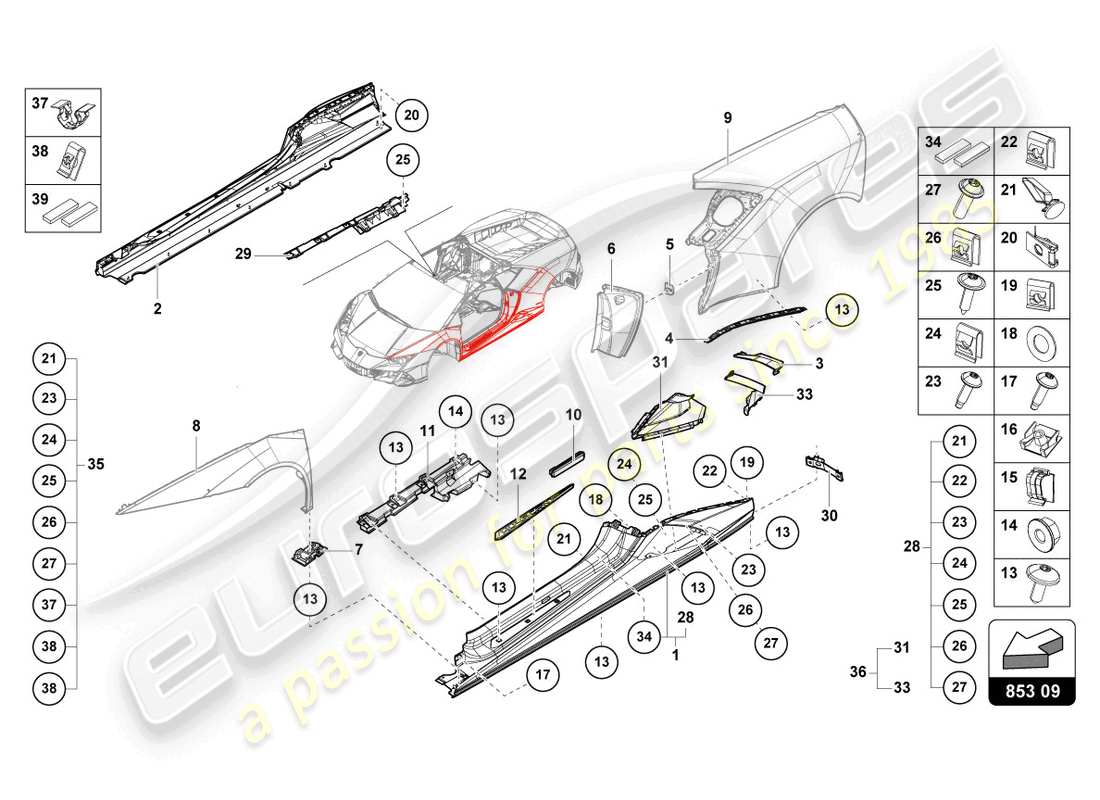 lamborghini tecnica (2023) unteres äußeres seitenteil für radkasten ersatzteildiagramm