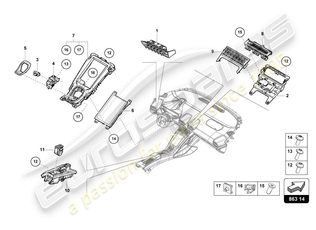 lamborghini 2023 (sto) mittelkonsole, oberteil ersatzteildiagramm