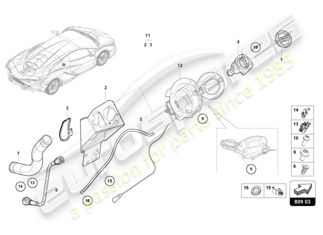 lamborghini sian roadster (2021) kraftstoffeinfüllstutzen ersatzteildiagramm