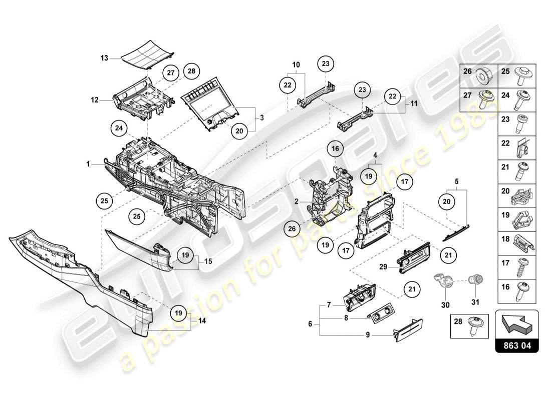 lamborghini urus (2020) mittelkonsole unten ersatzteildiagramm