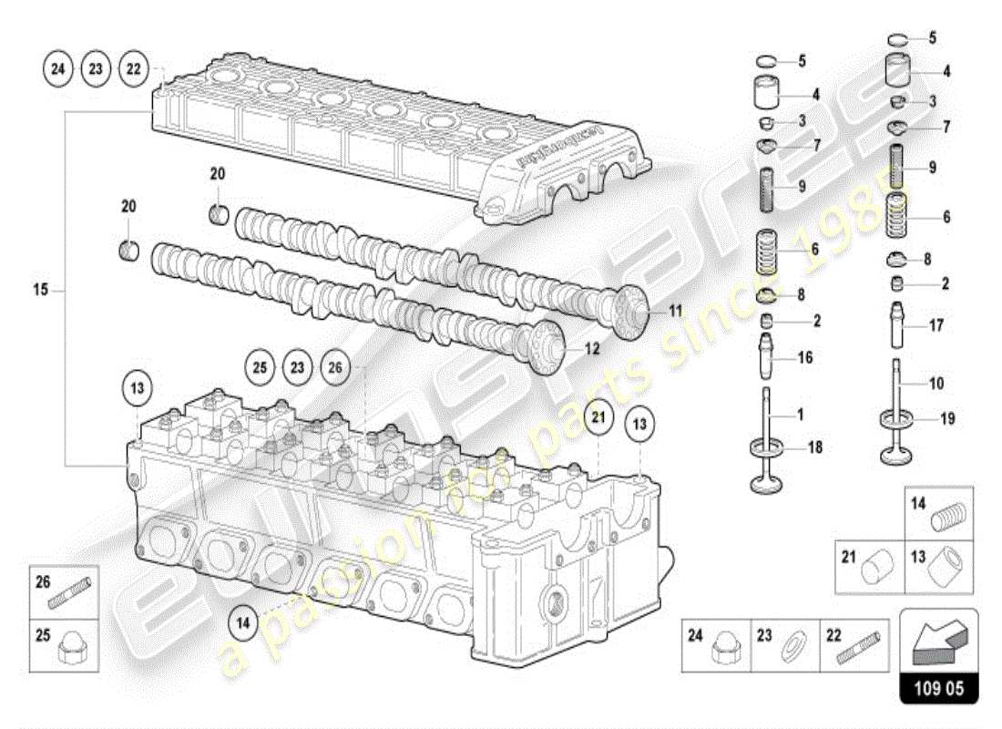 lamborghini diablo vt (1996) rechter nockenwellenkopf ersatzteildiagramm