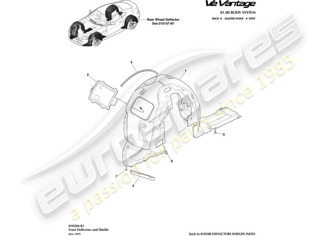 aston martin v12 vantage (2010) teilediagramm für vordere radkästen