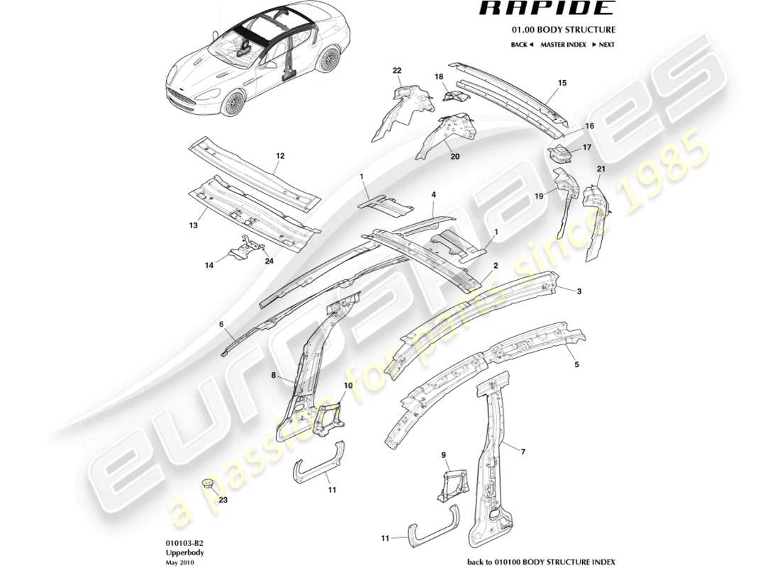 aston martin rapide (2011) teilediagramm des oberkörperrahmens