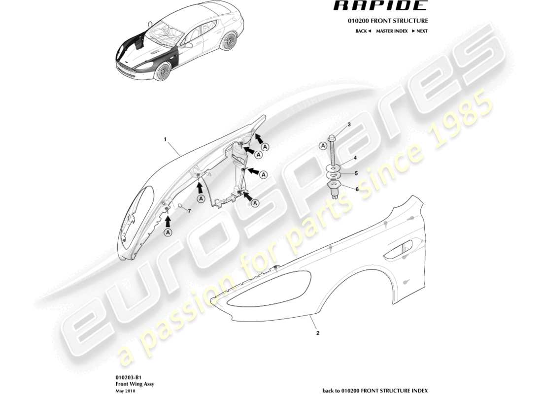 aston martin rapide (2011) teilediagramm für frontkotflügel