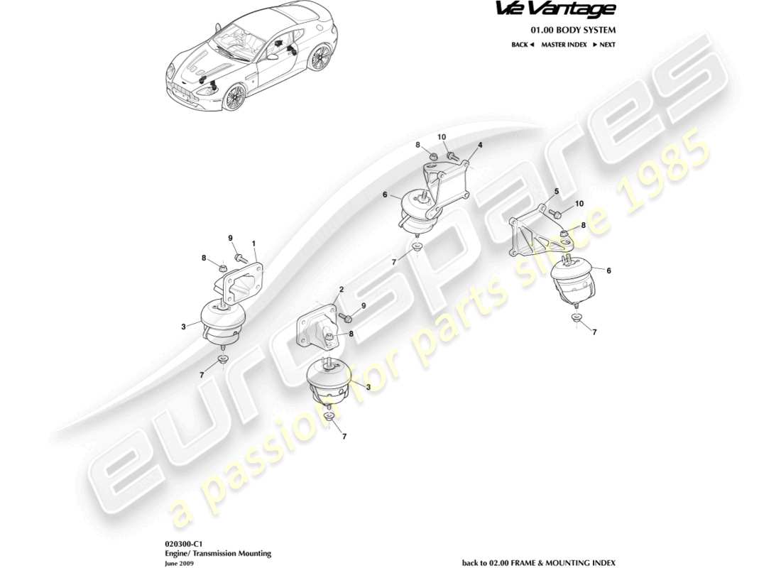 aston martin v12 vantage (2011) teilediagramm für motoraufhängungen