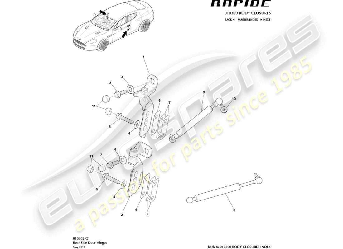 aston martin rapide (2011) teilediagramm der hinteren türscharnierbaugruppe