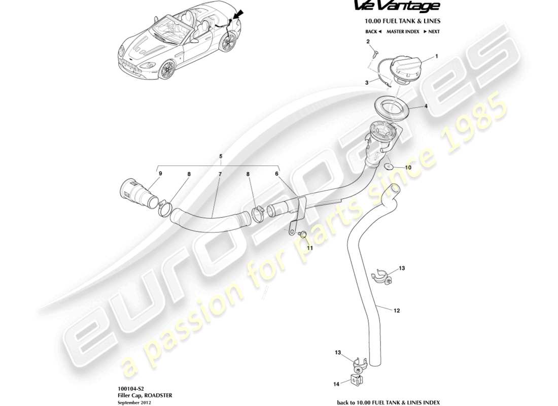 aston martin v12 vantage (2010) kraftstoffeinfüllstutzen, roadster-ersatzteildiagramm