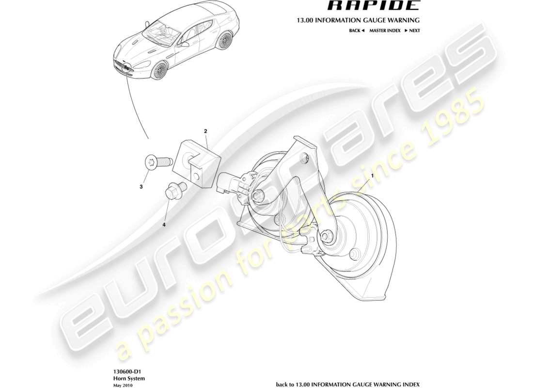 aston martin rapide (2011) teilediagramm für verkehrshupe