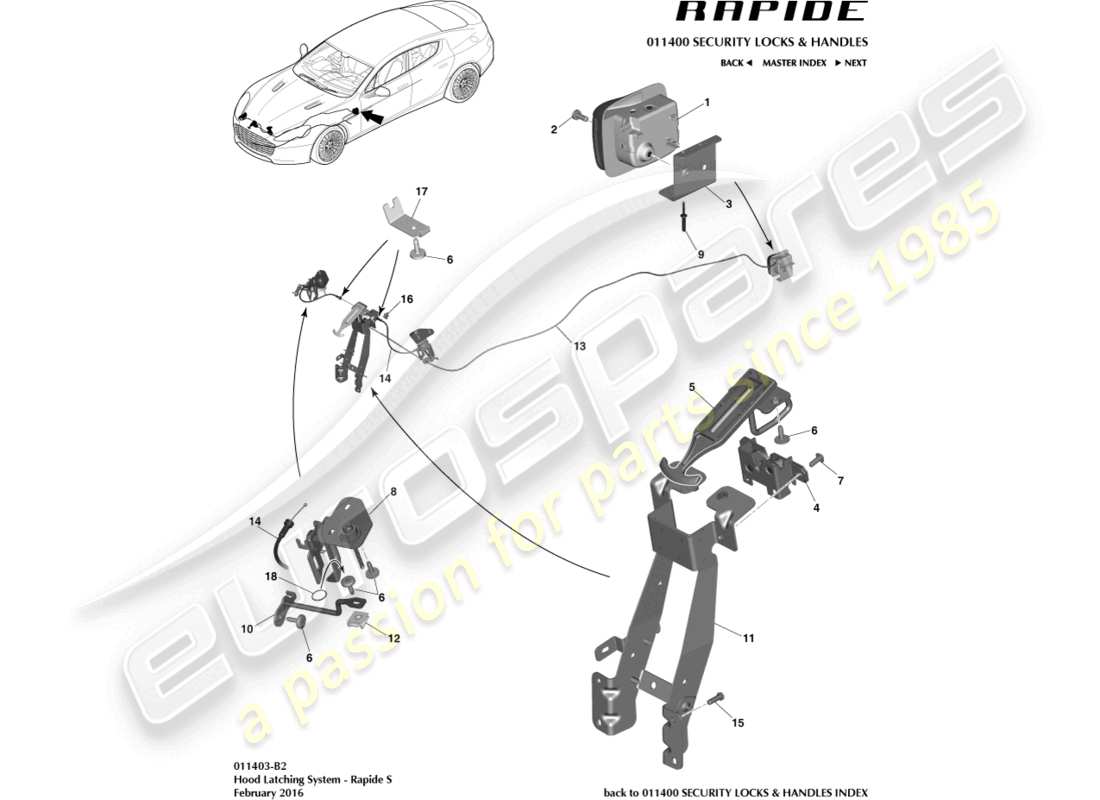 aston martin rapide (2018) haubenverriegelungssystem, s-teilediagramm